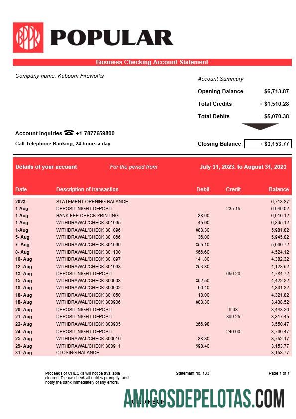 Imprimível Popular Bank Firm Account Statement Word And PDF model